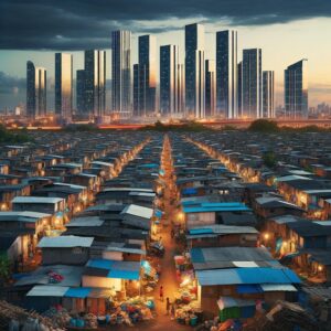 A city with large high rises in the background and a slum in the foreground, capturing the stark contrast between different economic realities within the same urban area.