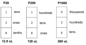 This photo illustrates micropipetting volume measurements for P-20, P-200 and P-1000. More details are in the text.
