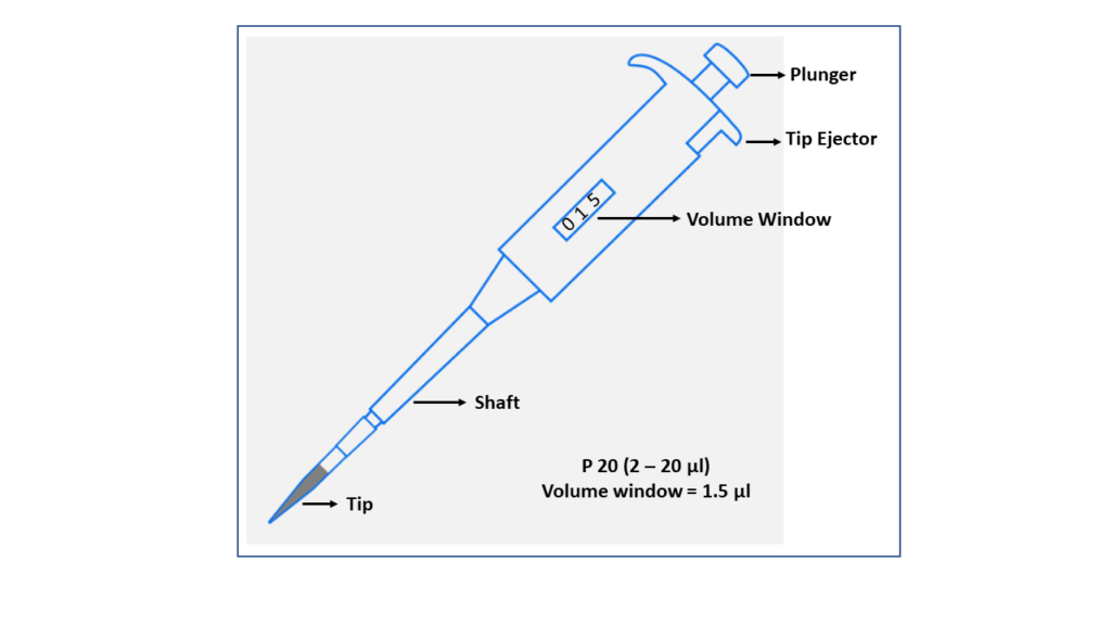 This is a P-20 micropipette illustrating the different parts of the instrument. Long description is included in the text.