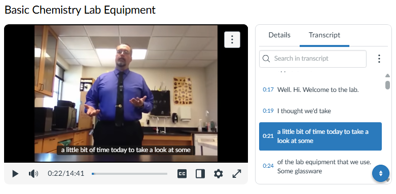 Canvas Studio interface showing a video player on the left with captions and a synchronized transcript panel with timestamps and highlighted text on the right.