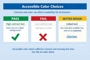 Examples of good and poor color contrast, including a reminder not to rely on color alone.