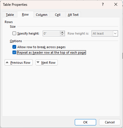 Box checked in Word for repeat as header row.