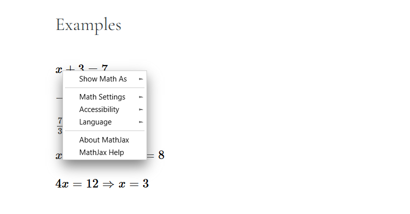 Screenshot showing right-click menu options for math equations including Show Math As, Math Settings, Accessibility, and Language