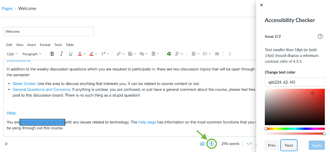 Screenshot of the Canvas Accessibility Checker highlighting text that does not meet color contrast requirements.
