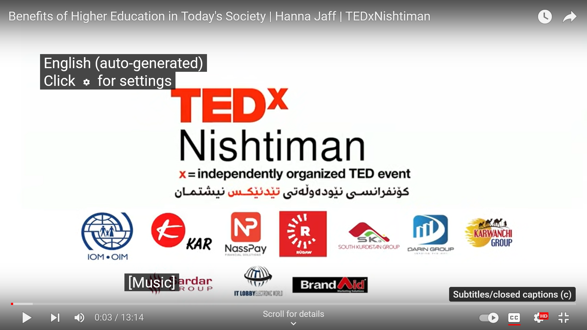 YouTube video player showing the CC button used to enable captions.