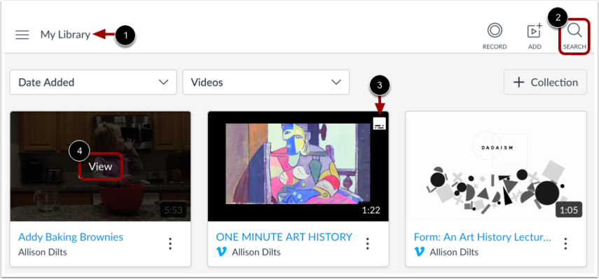 Canvas Studio My Library page showing media items, a search field, caption badges, and a View link for opening a media file.