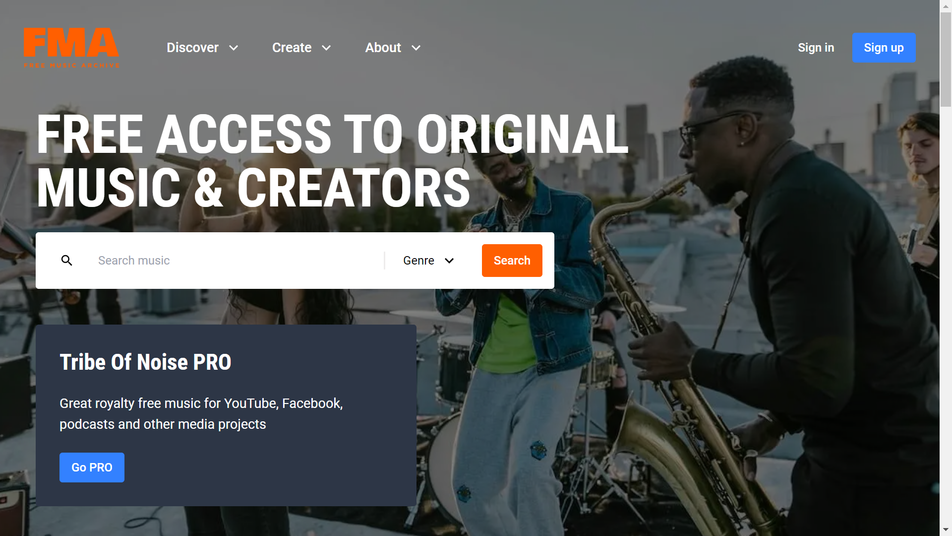 Free Music Archive homepage shown as an example source for locating free audio files.