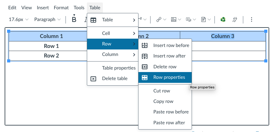 Canvas menu showing Table, Row, and Row Properties options.