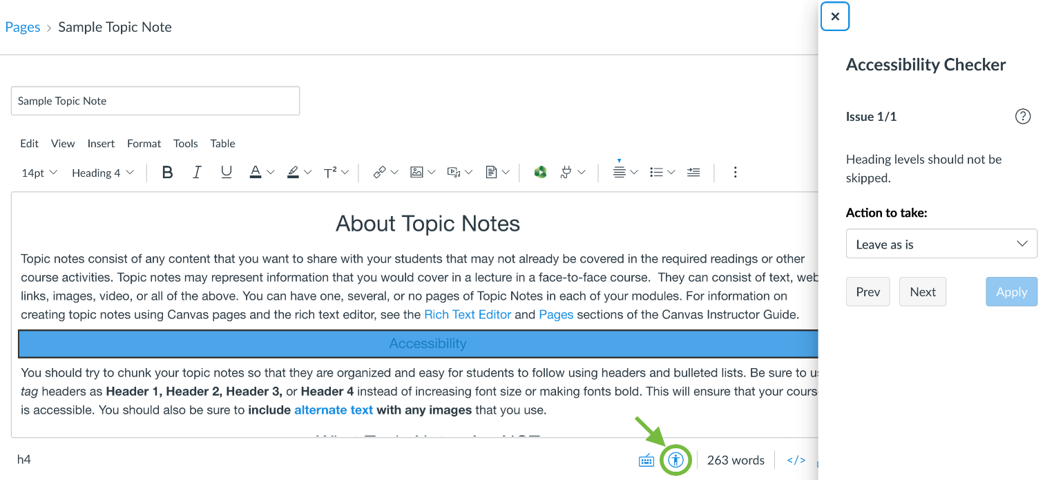 Accessibility Checker highlighting skipped heading levels.