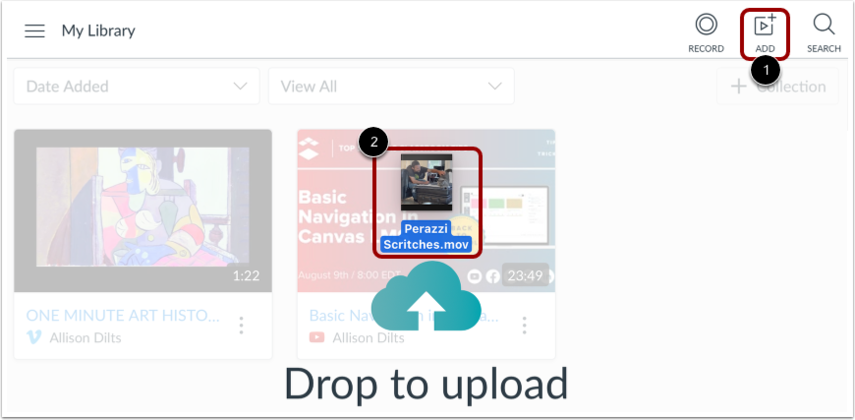 Canvas Studio interface showing the Add Media option and the area where files can be dragged and dropped into My Library.