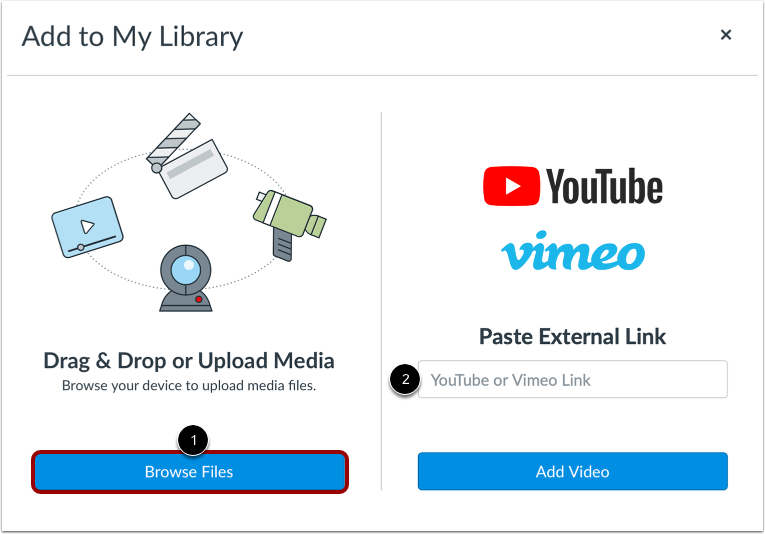 Canvas Studio upload window with a Browse Files button and an option to add media from a YouTube or Vimeo URL.