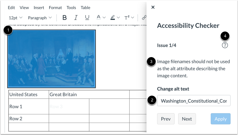 Accessibility Checker sidebar showing issue explanation.