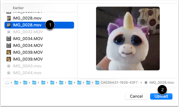 File upload dialog showing a selected media file and an Upload button in Canvas Studio.
