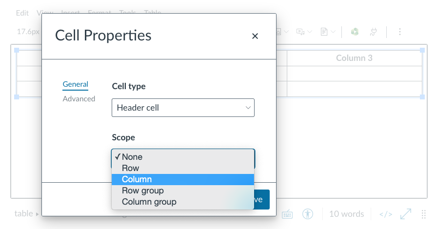 Cell Properties dialog showing header and scope options.