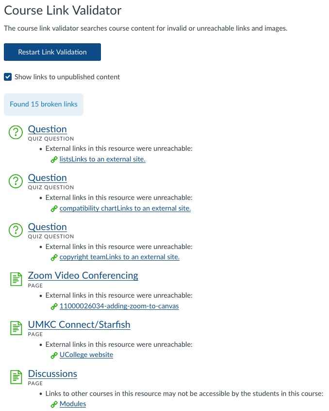 Canvas Link Validator results showing a list of broken links and an option to show links to unpublished content.
