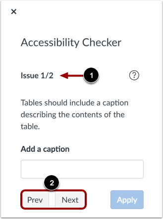 Accessibility Checker navigation buttons for multiple issues.