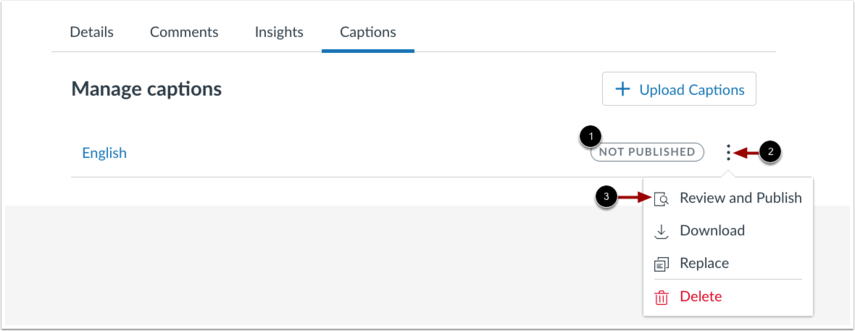 Canvas Studio Captions tab showing the caption file status and an Options menu for reviewing and publishing captions.