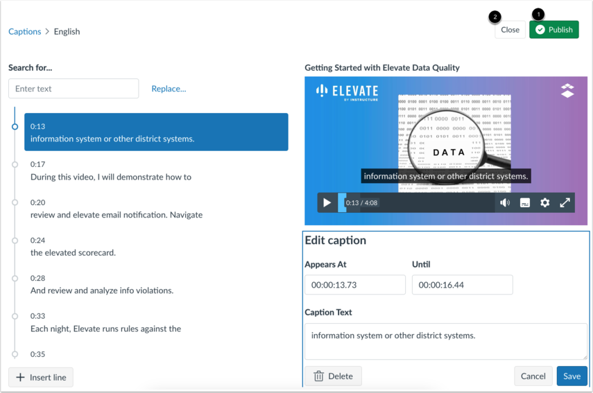 Canvas Studio caption editor showing caption segments, an editable text area, and buttons for Publish and Close.