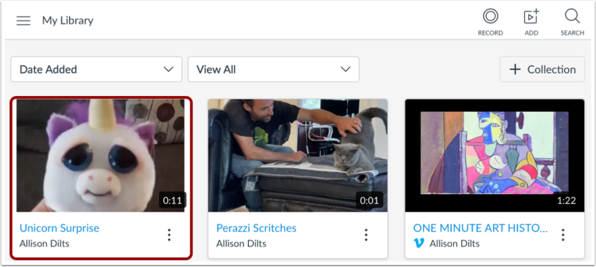 Canvas Studio My Library page showing an uploaded media item available for selection.