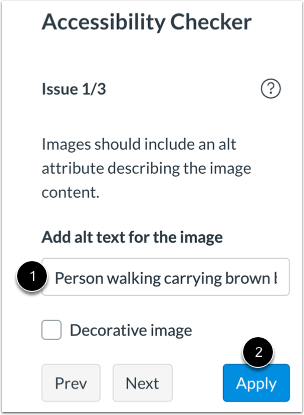 Accessibility Checker showing controls to fix an issue.