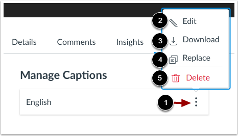 Canvas Studio Manage Captions menu with options to edit, download, replace, or delete a caption file.