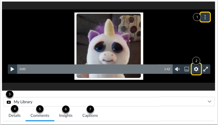 Canvas Studio media details page showing options for more actions, media settings, location, details, comments, analytics, and captions.