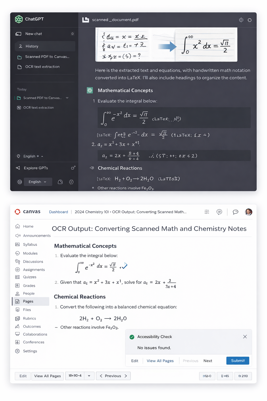 ChatGPT screen converting handwritten math and chemistry from a scanned PDF. A Canvas page displaying the accessible formatted content and an accessibility check.