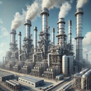 Hyper-realistic version of an industrial power plant, with added details like rust, weathering, and a natural photographic angle.