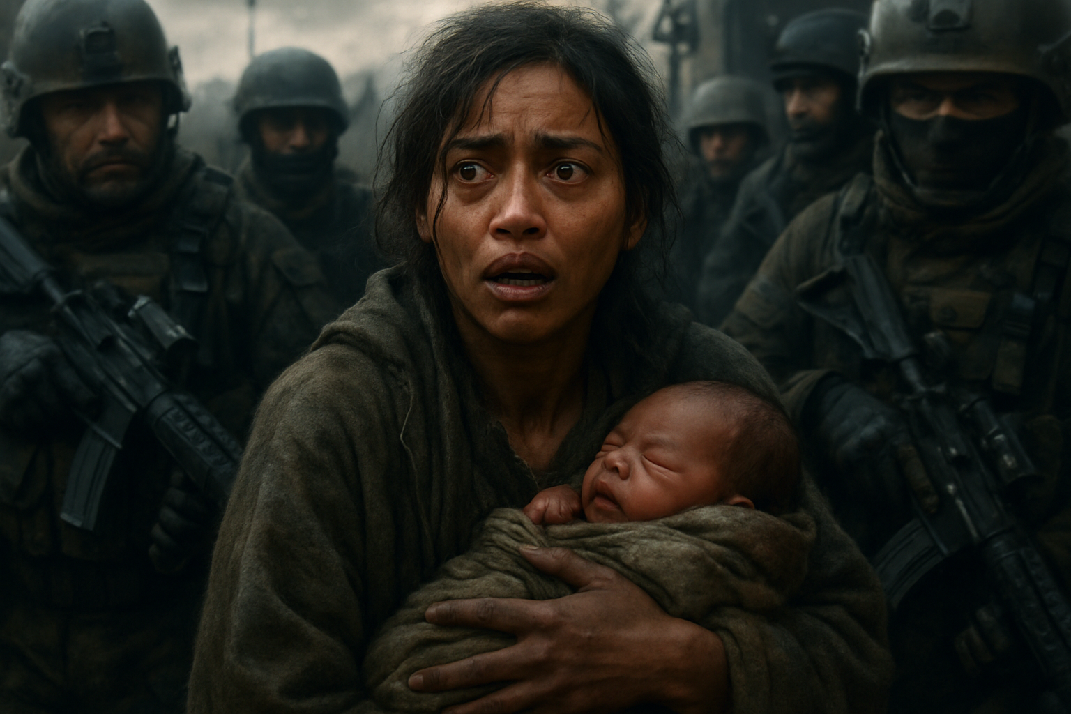 A frightened young refugee woman clutches her newborn baby, military forces surround her, intensifying the tension.