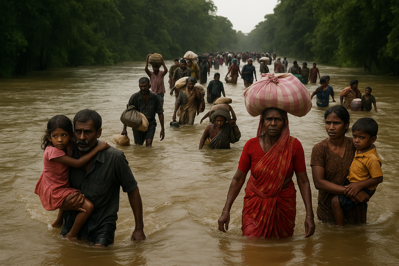 War refugees crossing a river in the Vanni region of Sri Lanka