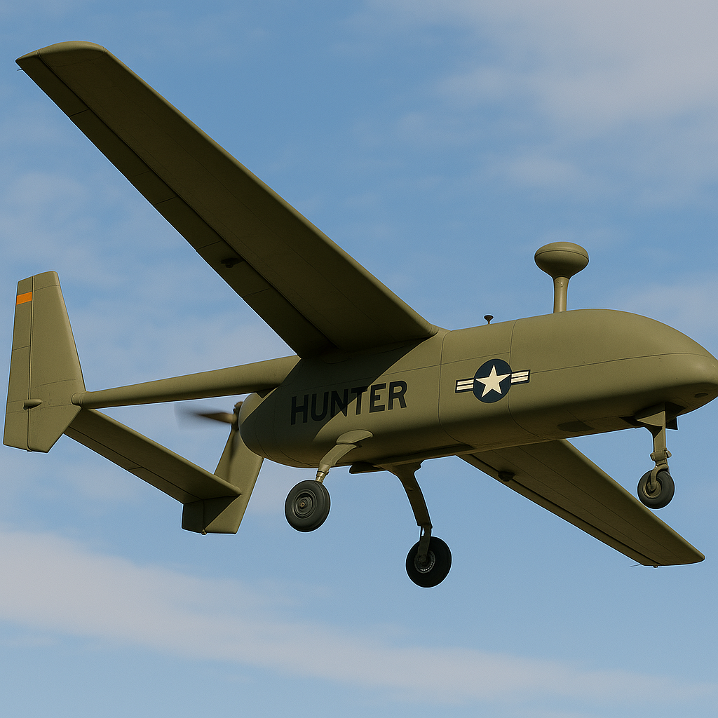 Hunter UAV in flight over Fallon NAS during CSAR exercise, against a partly cloudy sky.