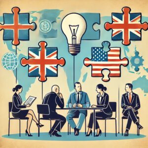 Diplomats seated around a table. Flags as puzzle pieces implies creating shared norms.