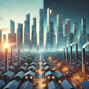 Skyscapers in the disance. Factories and small houses in the foreground.