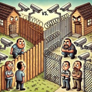 Cartoon-style illustration of the security dilemma between two neighbors, showing their escalating defensive fences.