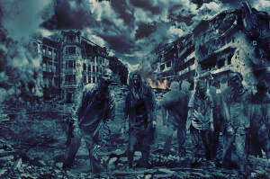 Zombies outside of a destroyed city.
