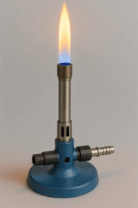 Shows a lit Bunsen burner.