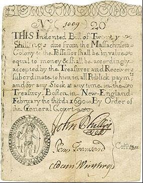 Paper money from the Massachusetts Bay Colony dated February 3, 1690.