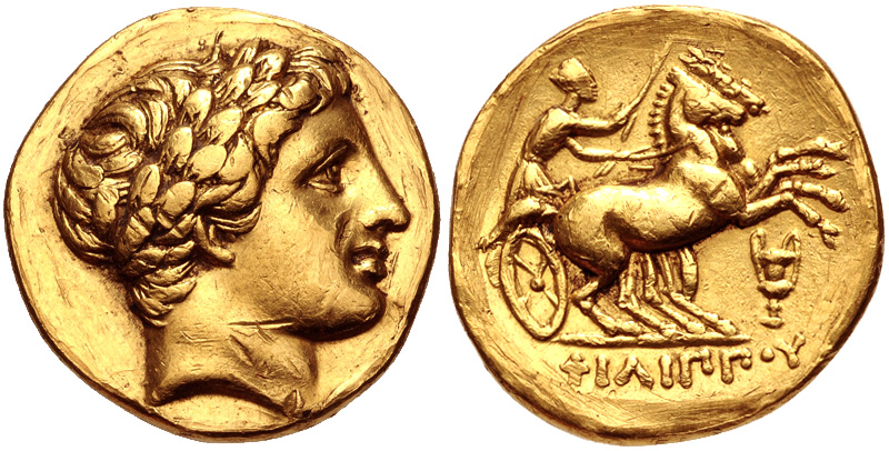 Two ancient Greek gold coins: one showing a portrait and one showing a charioteer.