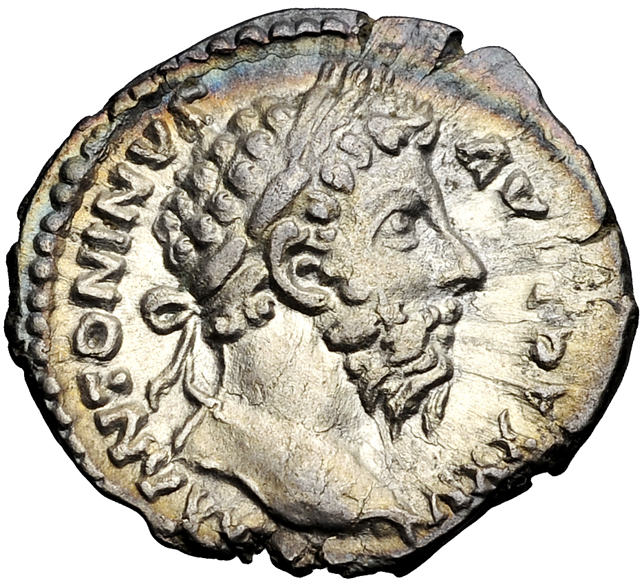 A Roman denarius featuring Emperor Marcus Aurelius.