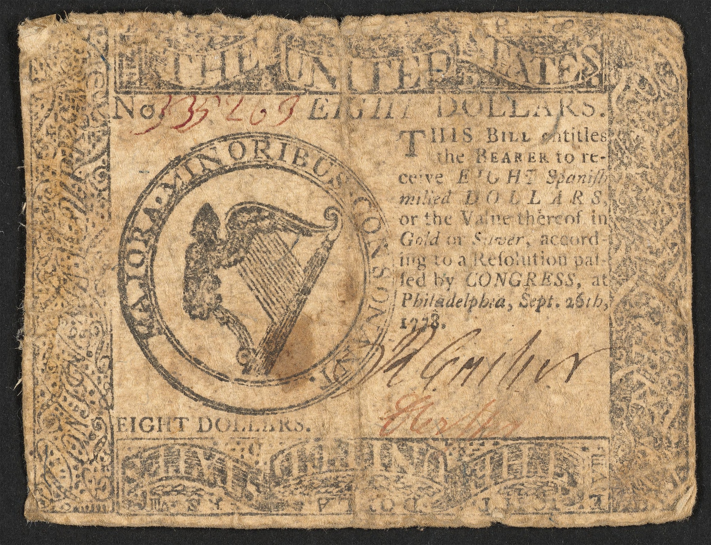 The United States, eight dollars, dated 1778.