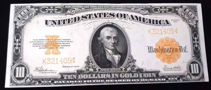 Ten-dollar gold-backed certificate from the gold standard era.