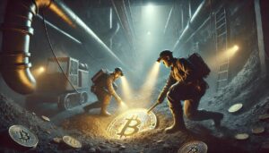 Depicting two miners working in a dark, industrial setting, illuminated by the glowing Bitcoin coin.
