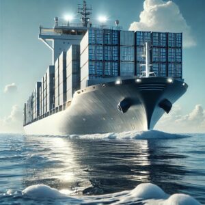 A large container ship carrying refrigerated (cold-storage) cargo containers across a calm ocean under a bright sky.