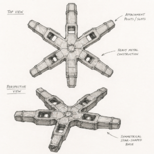 A large, star-shaped metal component, with smaller robotic units surrounding it, suggesting a futuristic manufacturing process.