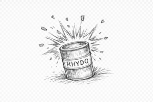 Rough pencil sketch of a simple industrial device labeled ‘Rhydo,’ with a cylindrical tank, a few connecting pipes, and arrows indicating flow.