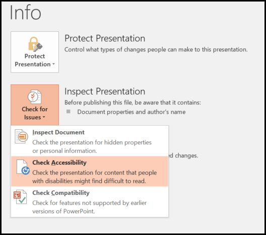 PowerPoint File menu showing Accessibility Checker option.
