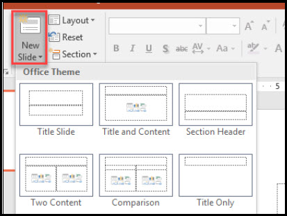 PowerPoint slide layout options menu.