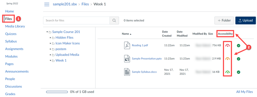 Canvas files page showing accessibility indicators.